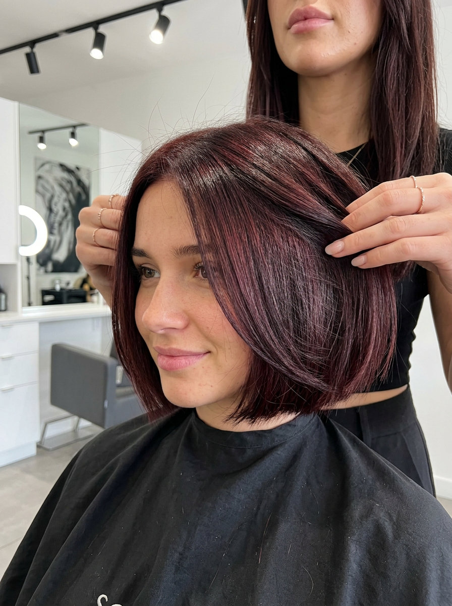 Gorgeous Summer Blunt Bob 2026: Crimson Luxe Bob short blunt bob haircut with deep mahogany crimson color, high gloss, no fringe β luxurious, sophisticated