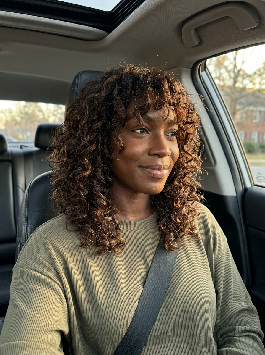 Curly Dark Brown Wolf Cut with Auburn Highlights 2026 medium curly dark brown wolf cut with auburn babylights and wispy bangs for summer