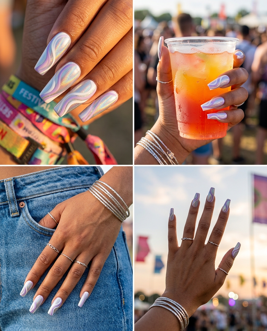 Cute summer nails 2026: Futuristic lavender chrome with abstract swirls for festivals and parties.