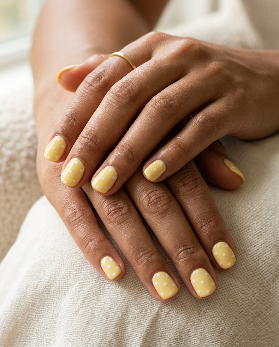 Cute summer nails 2026: Playful butter yellow with glossy white polka dots for casual outings.
