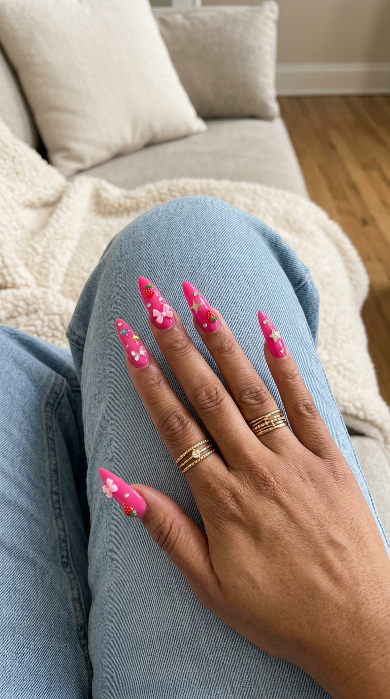 Cute summer nails 2026: Y2K hot pink with 3D charms for festivals and parties.
