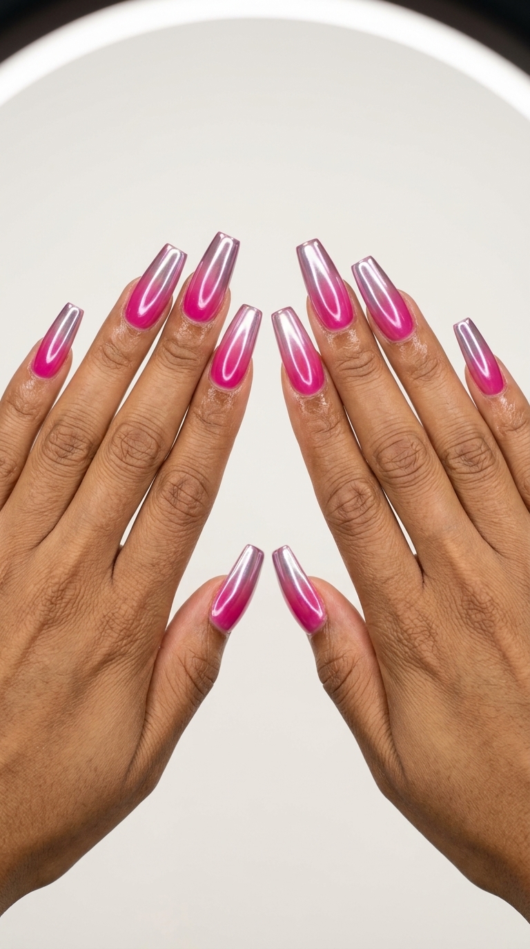 Cute summer nails 2026: Bold hot pink chrome ombre for date night and summer parties.