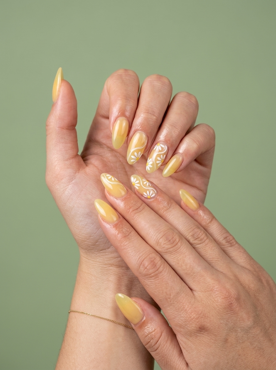 Cute summer nails 2026: Whimsical jelly butter yellow with daisy swirls for garden parties.