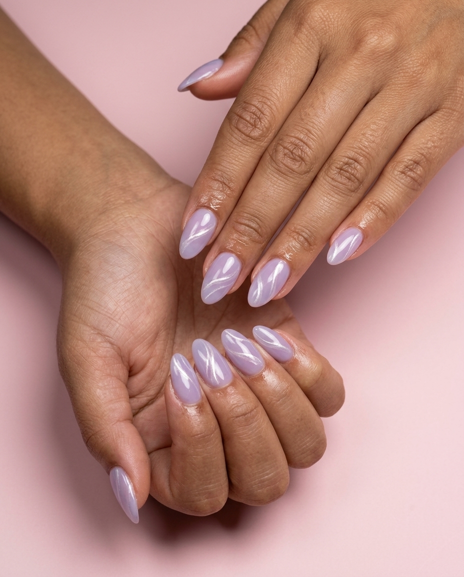 Cute summer nails 2026: Romantic lavender with pearlescent lines for weddings and dates.