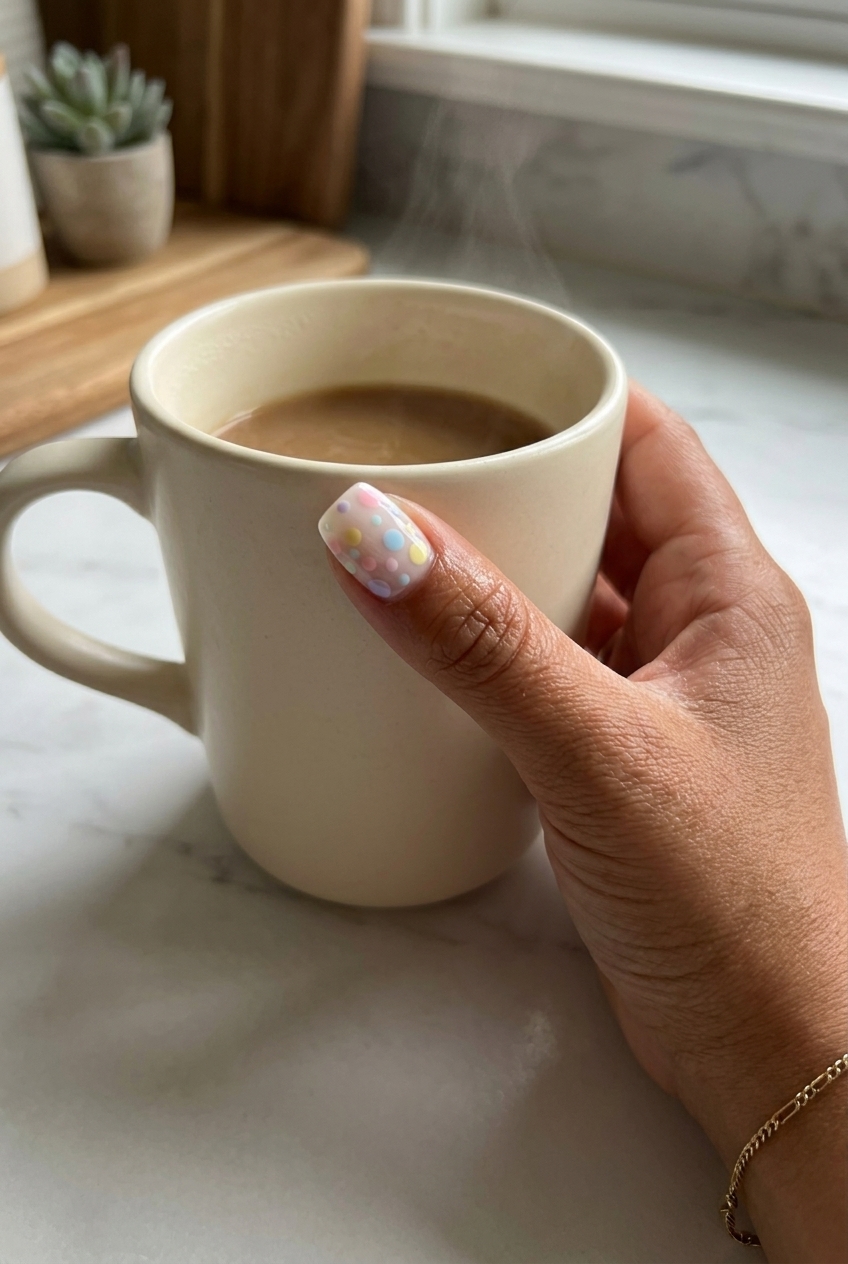 Cute summer nails 2026: Sheer milky white with playful pastel abstract dots for casual everyday and work.