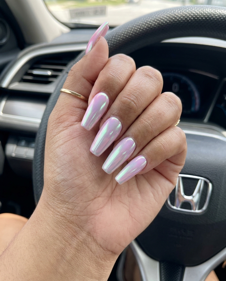 Cute summer nails 2026: Futuristic iridescent pastel chrome shift for festivals and nights out.