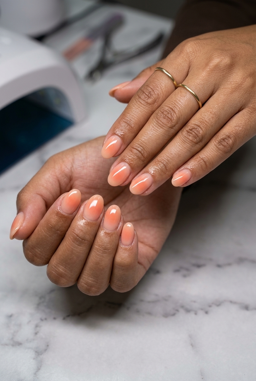 Cute summer nails 2026: Romantic peach fuzz aura gradient for date night or a summer evening out.