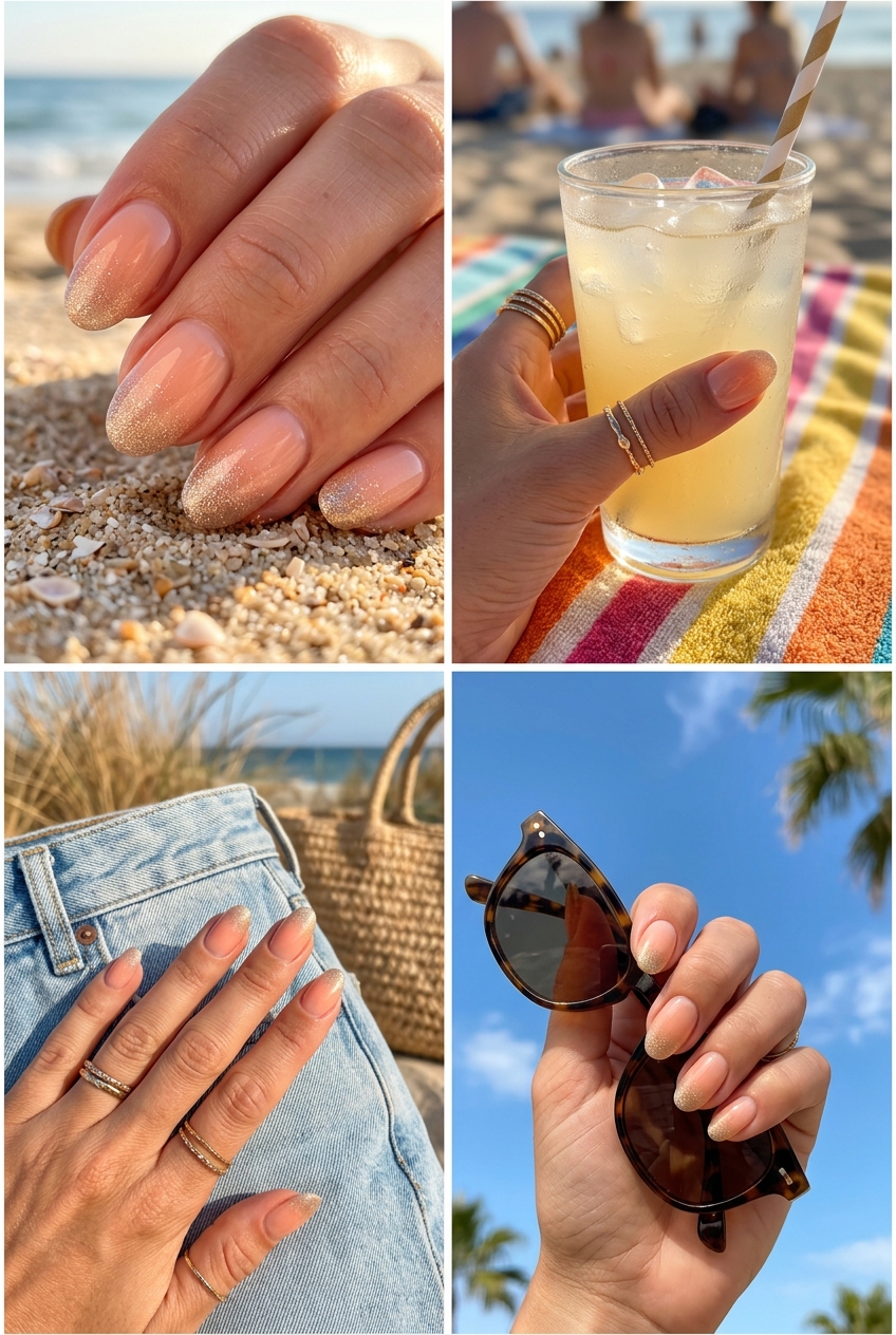 Cute summer nails 2026: Peach Fuzz Glitter Ombre for wedding guest or date night. Sheer peach with gold glitter.