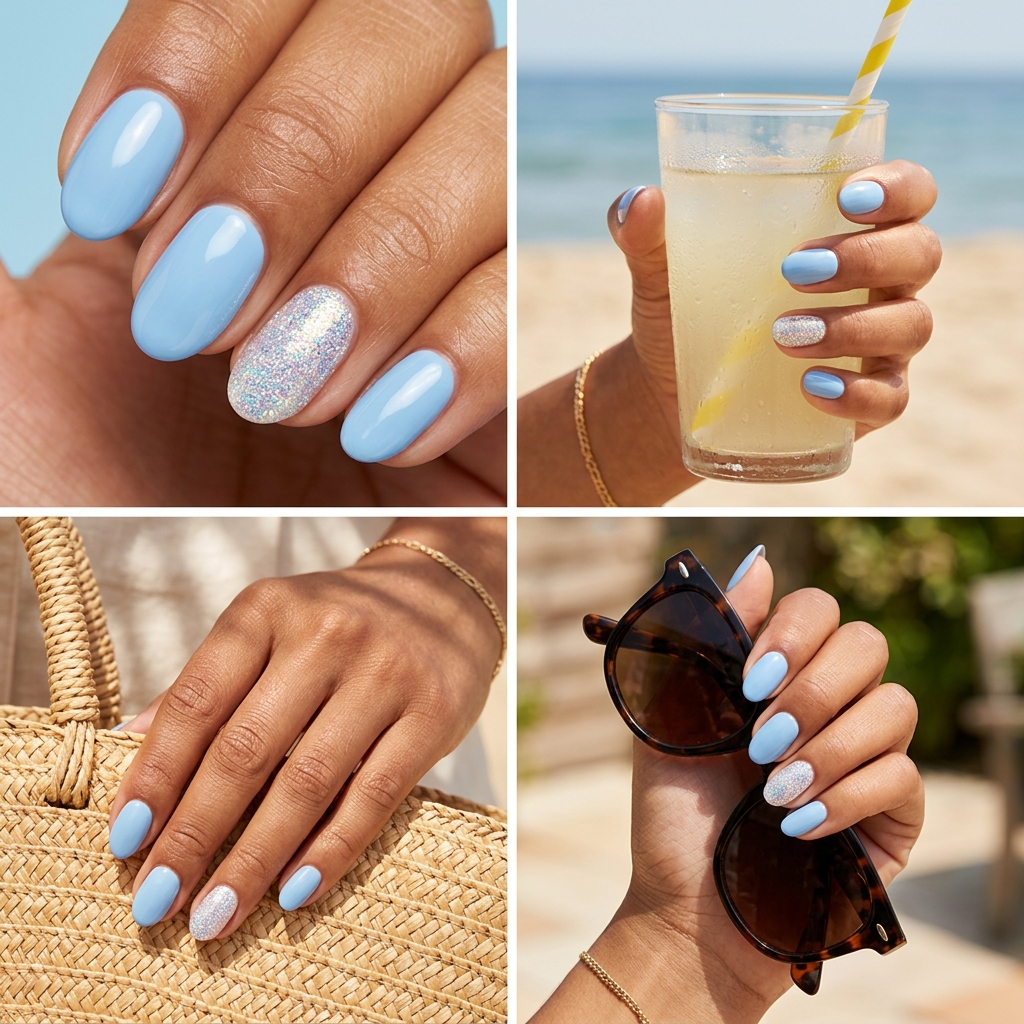 Cute summer nails 2026: Glamorous soft sky blue with iridescent glitter accent for parties.