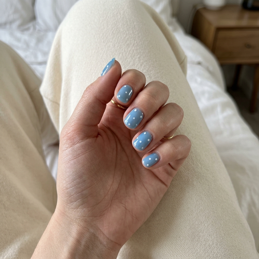 Cute summer nails 2026: Sky Blue Jelly Dots for casual wear or beach vacation. Playful sheer blue with white dots.