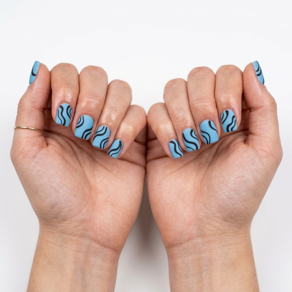 Cute summer nails 2026: Edgy matte sky blue with abstract black swirls for festivals.