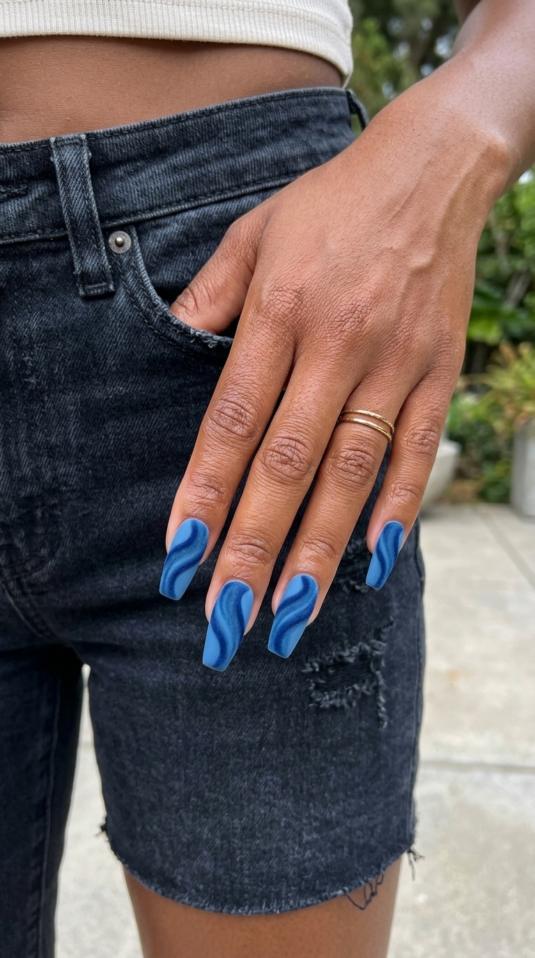 Cute summer nails 2026: Sophisticated sky blue velvet with navy swirls for date night or formal events.