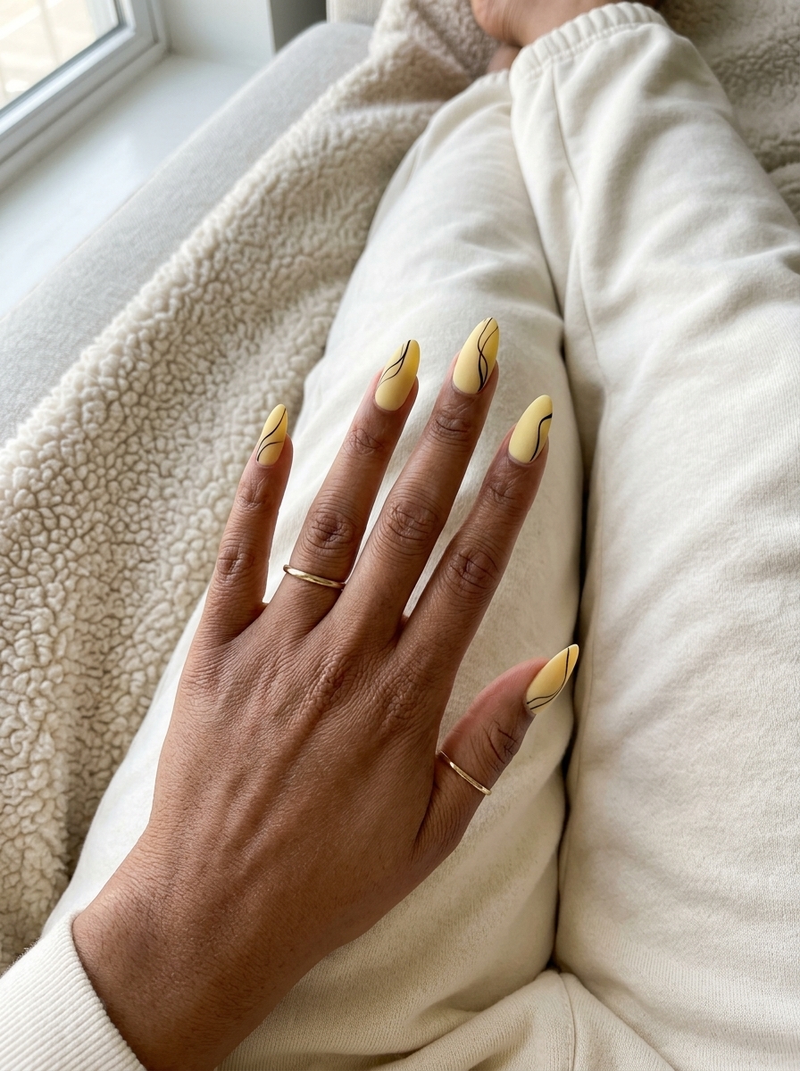 Cute summer nails 2026: Velvet butter yellow with matte finish and fine black lines for a chic daytime event.