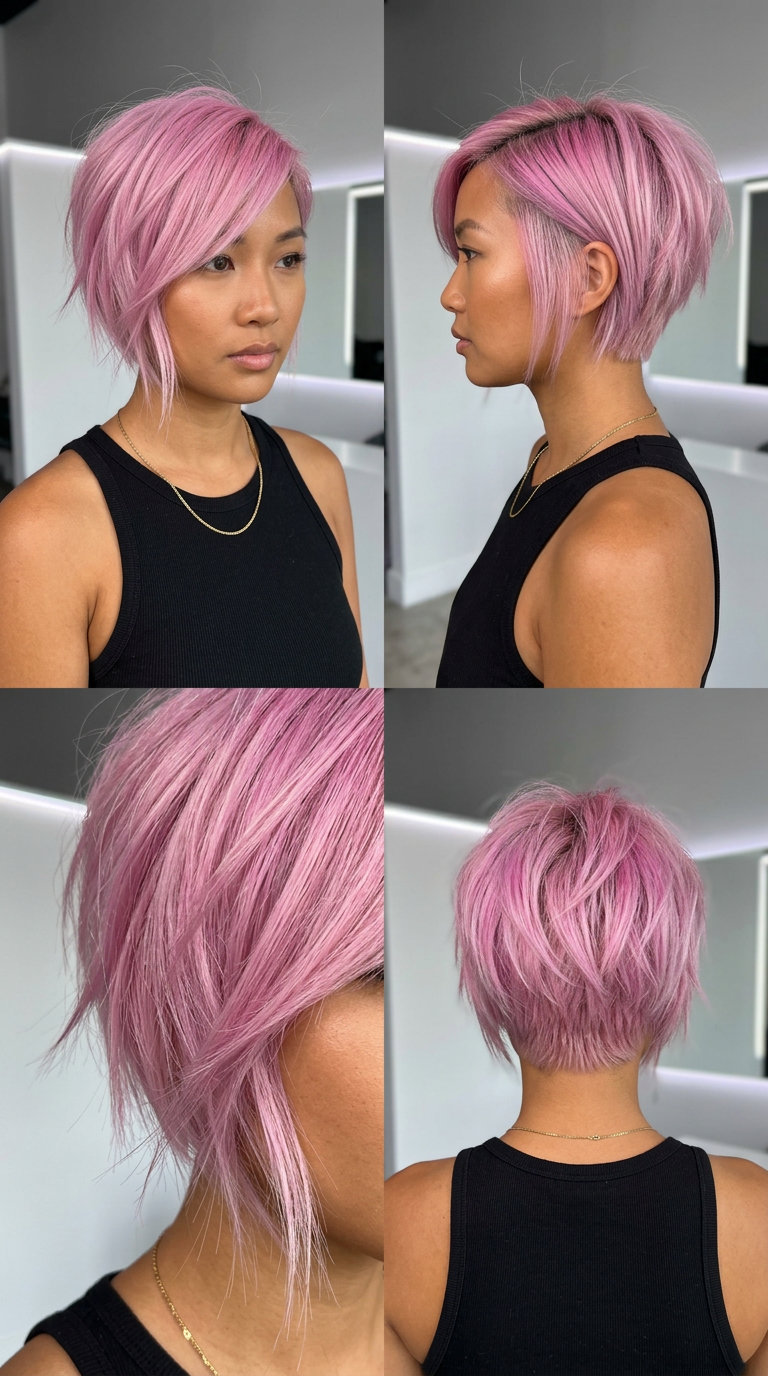 Neon Rebel Bixie Haircut 2026 short bixie haircut in cyber pink with platinum base and asymmetrical fringe for edgy texture