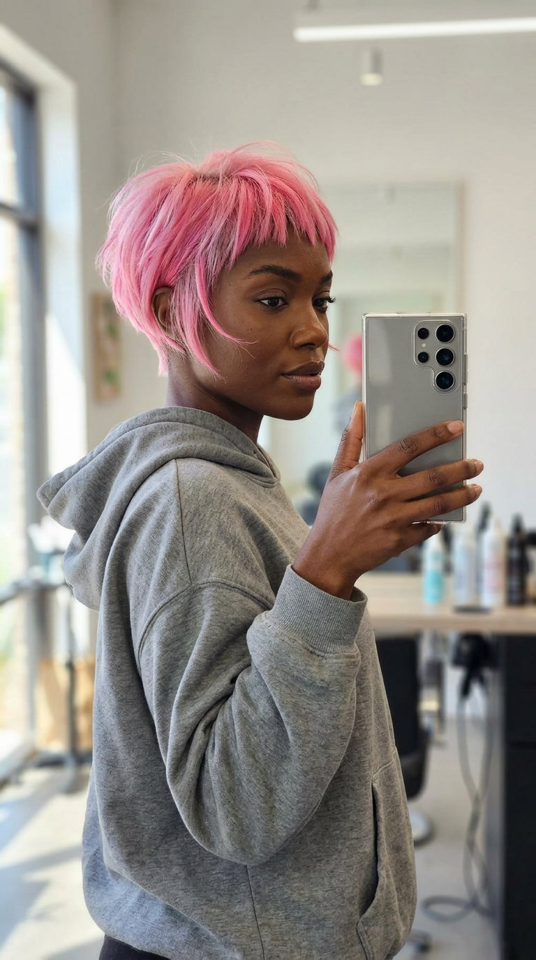 Sassy Cyber Pink Bixie Haircut 2026 short razored bixie haircut in vibrant cyber pink with choppy micro-fringe for festival