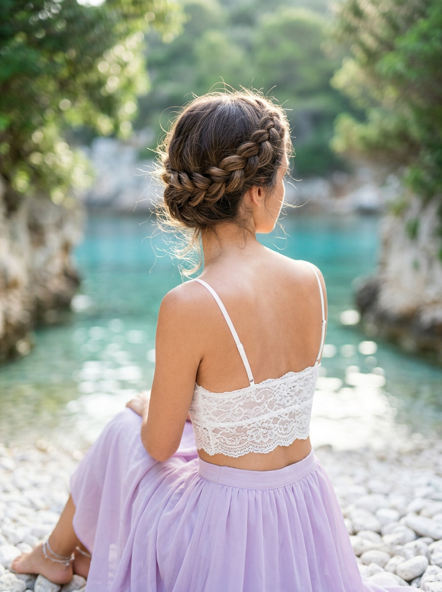 Ethereal Twisted Crown Braid 2026 long dark blonde twisted crown braid with subtle highlights and wispy tendrils for garden party