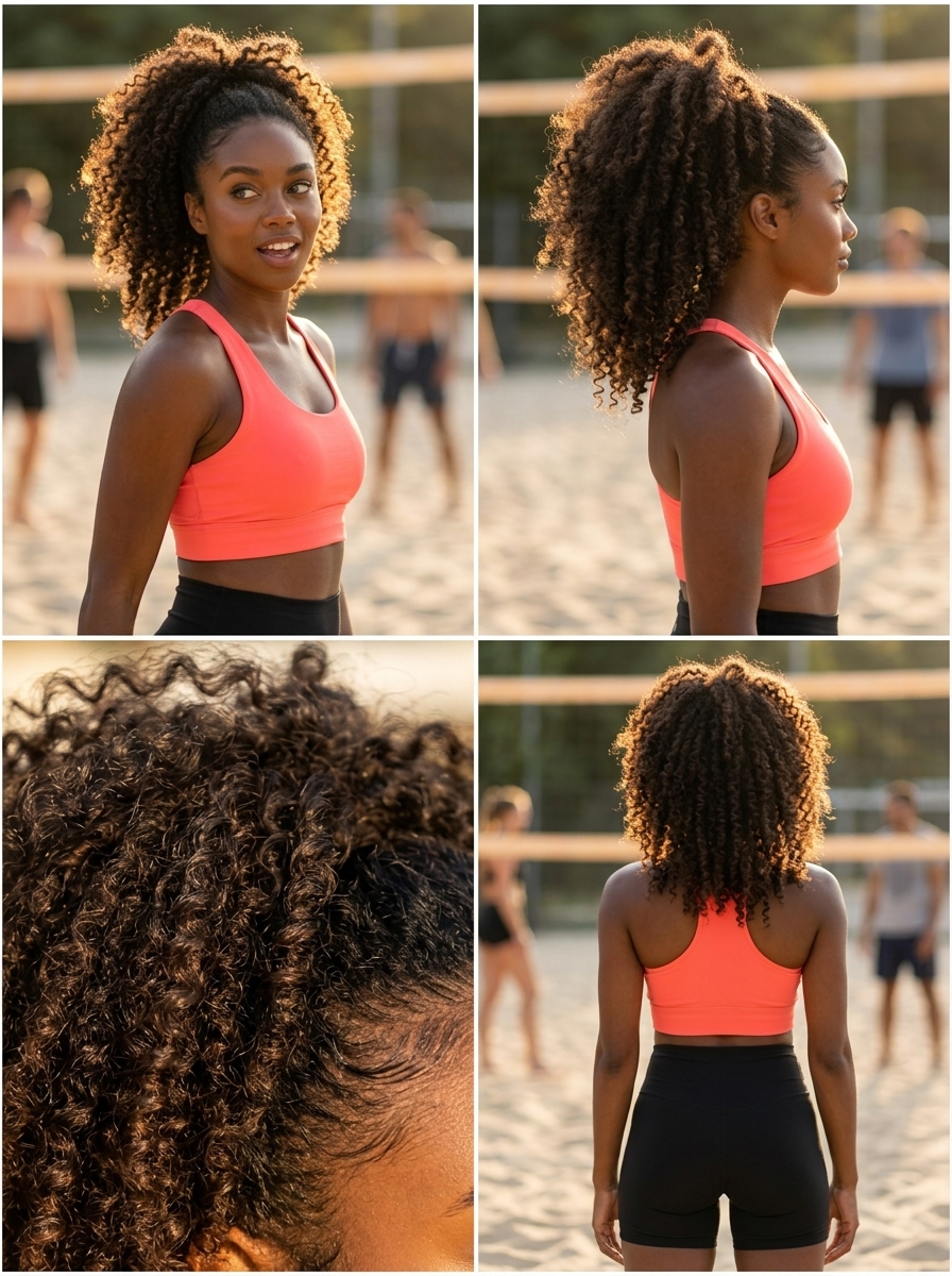 Curly Dark Brown Pineapple Ponytail 2026 long curly pineapple ponytail with natural dark brown, fluffing technique, face-framing curls β vibrant summer