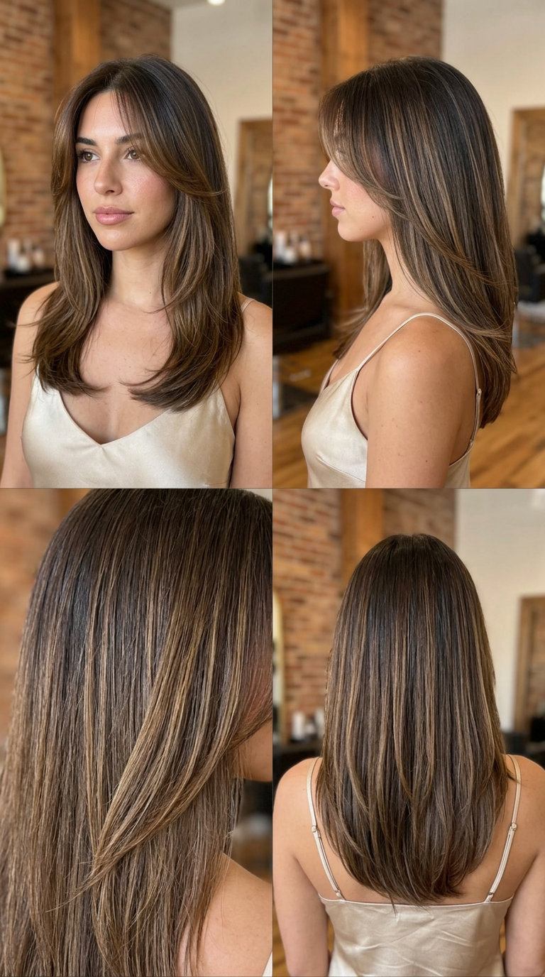 medium-long layered haircut in dark brown with caramel balayage and wispy curtain bangs for summer