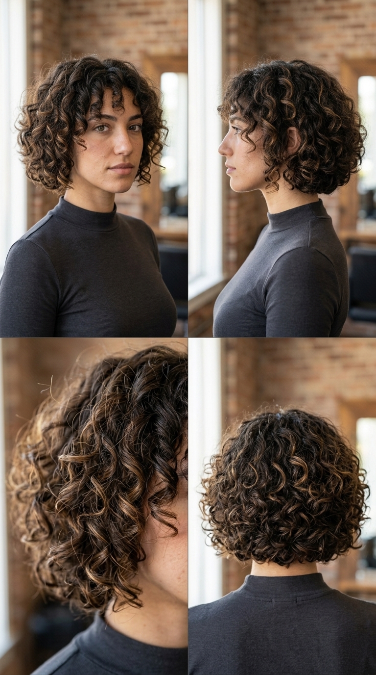 short italian bob haircut in dark brown with caramel highlights and painted curls for summer 2026