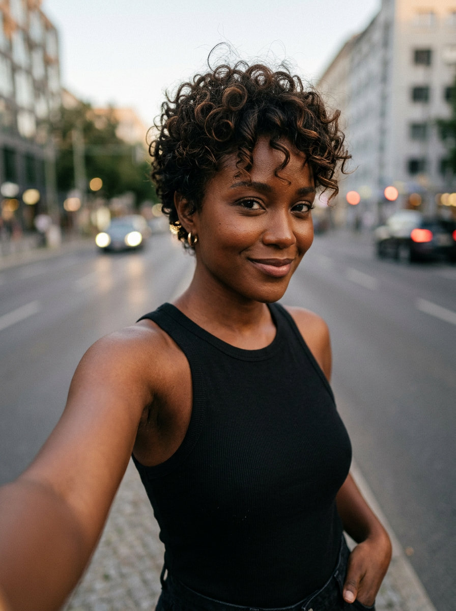 Retro Tousle Pixie 2026: Curly Haircut short curly pixie cut with natural dark brown, tousled layers, tapered sides, no fringe β playful summer look