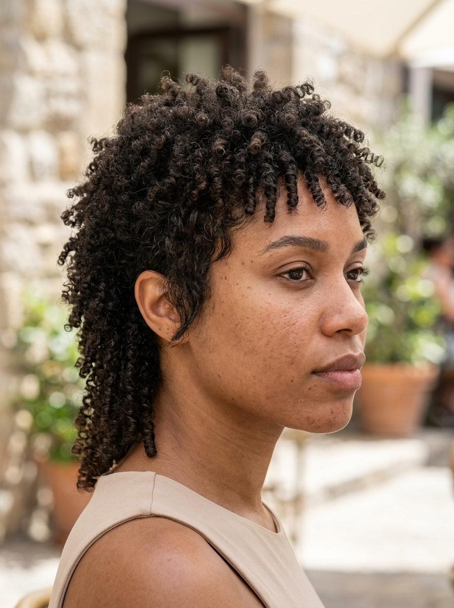 short pixie-mullet haircut in dark brown with warm honey accents and defined coils for summer