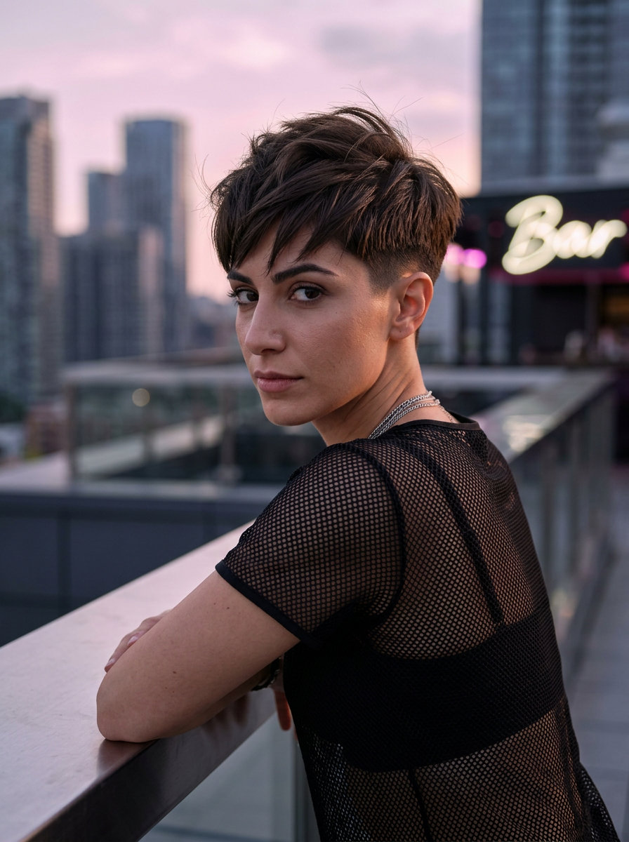 short pixie haircut with dark brown, undercut sides, textured top — edgy confident style