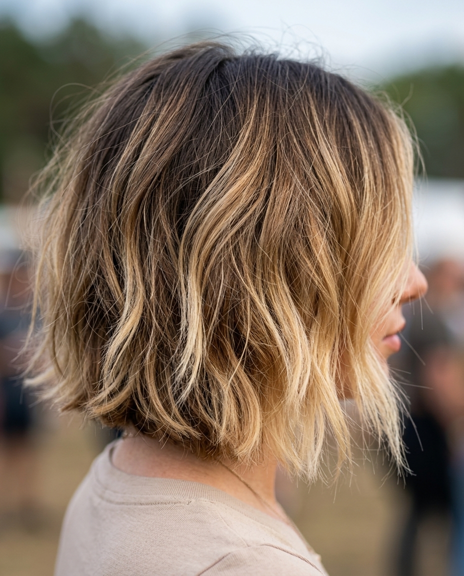 chin-length dark brown to blonde ombré bob with caramel and gold tones, textured layers, curtain fringe — bohemian carefree