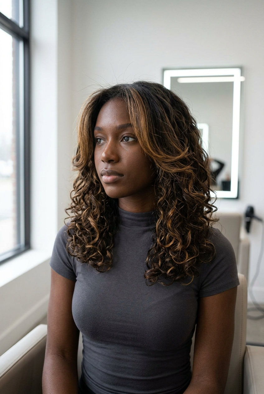 Balayage Curl Cascade Butterfly 2026 medium-long butterfly haircut in dark brunette with caramel balayage, de-bulked layered cut, chin-length face-framing for weekend