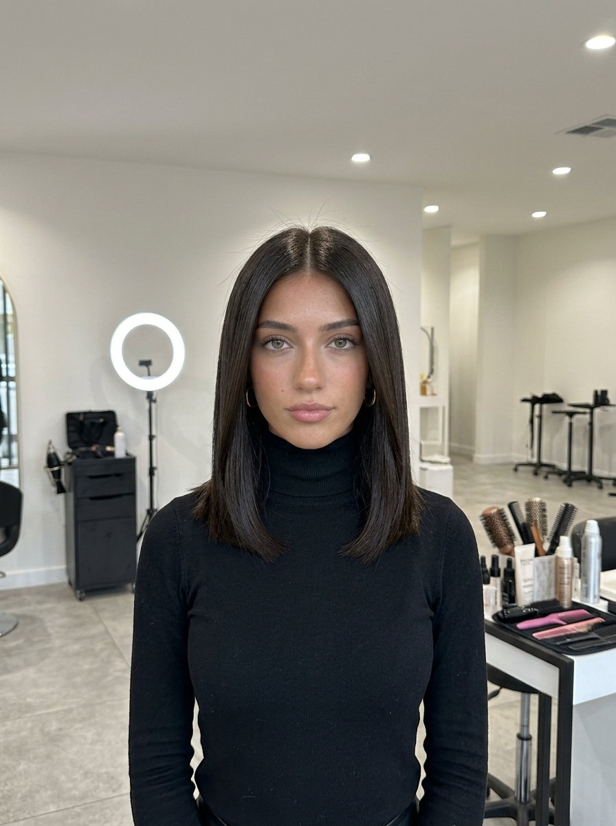 collarbone-length blunt cut in deep dark chocolate with high-gloss finish for sophisticated polish