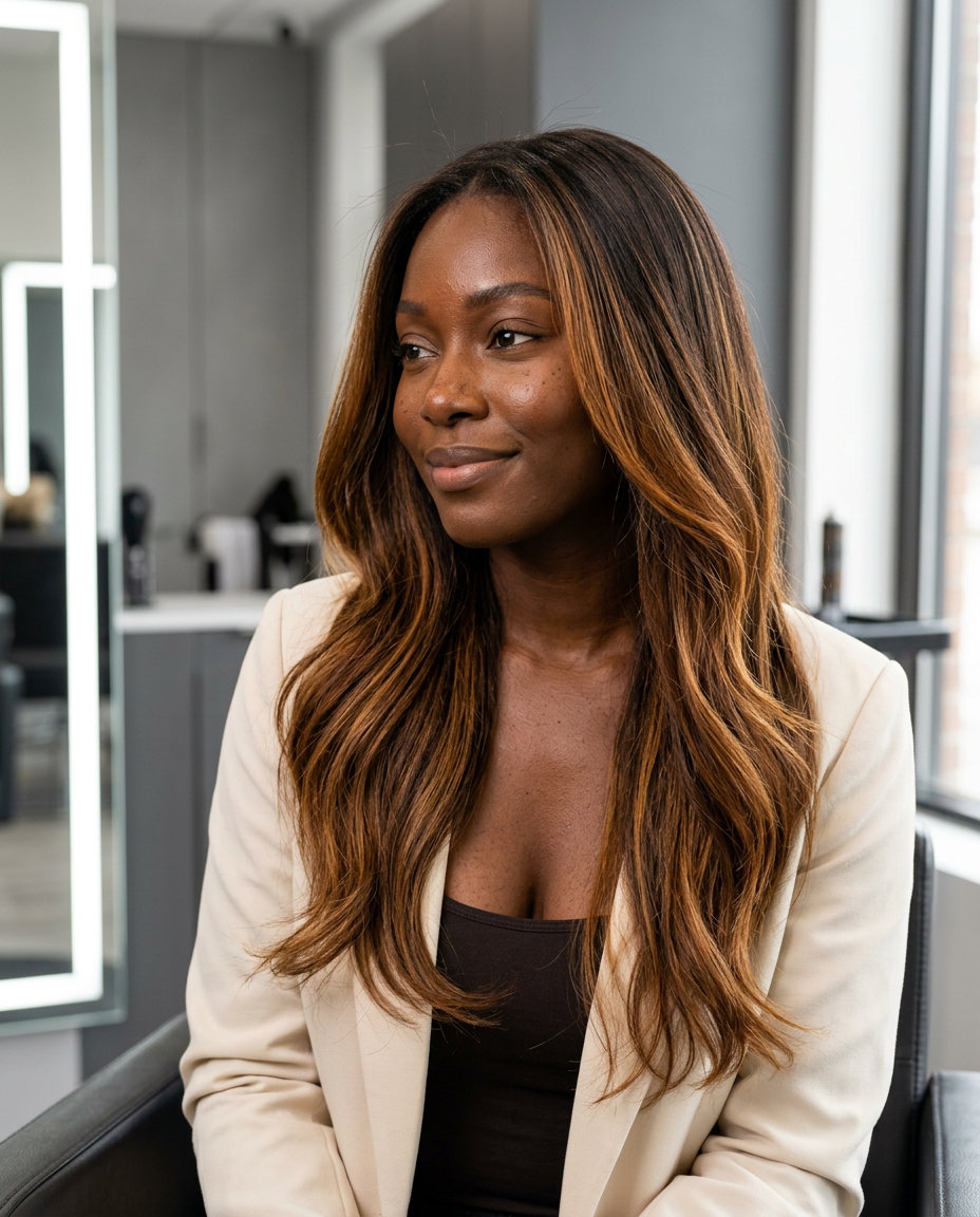 long flowing hair with dark chocolate and amber honey balayage, soft invisible layers — romantic festival