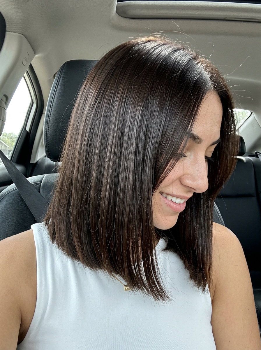 High-Gloss Dark Chocolate Midi Haircut 2026 medium blunt haircut with deep dark chocolate brunette, razor-cut ends, no bangs β professional sophisticated