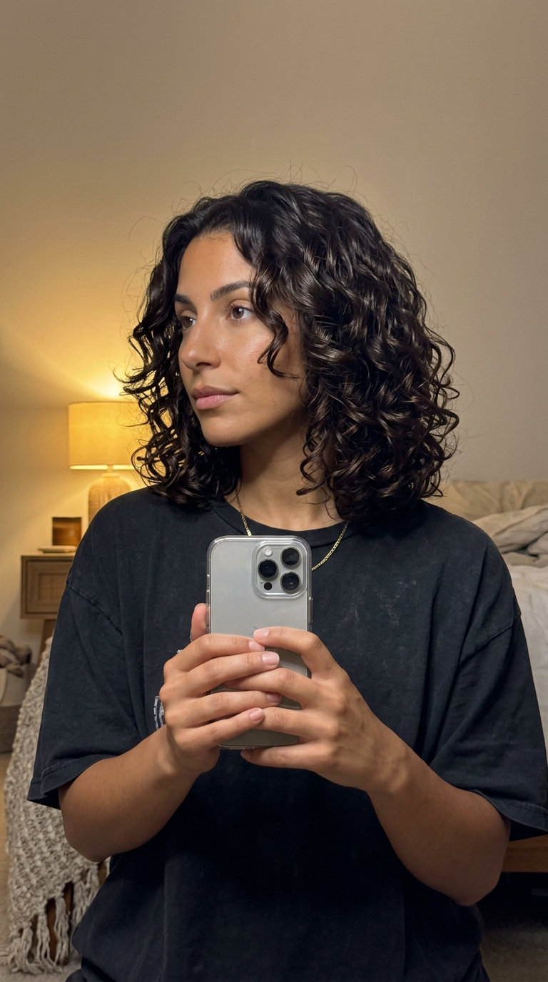Chic French Curly Cut: Dark Chocolate 2026 shoulder-length curly cut with natural dark chocolate color, blunt perimeter, and soft internal layers for chic looks