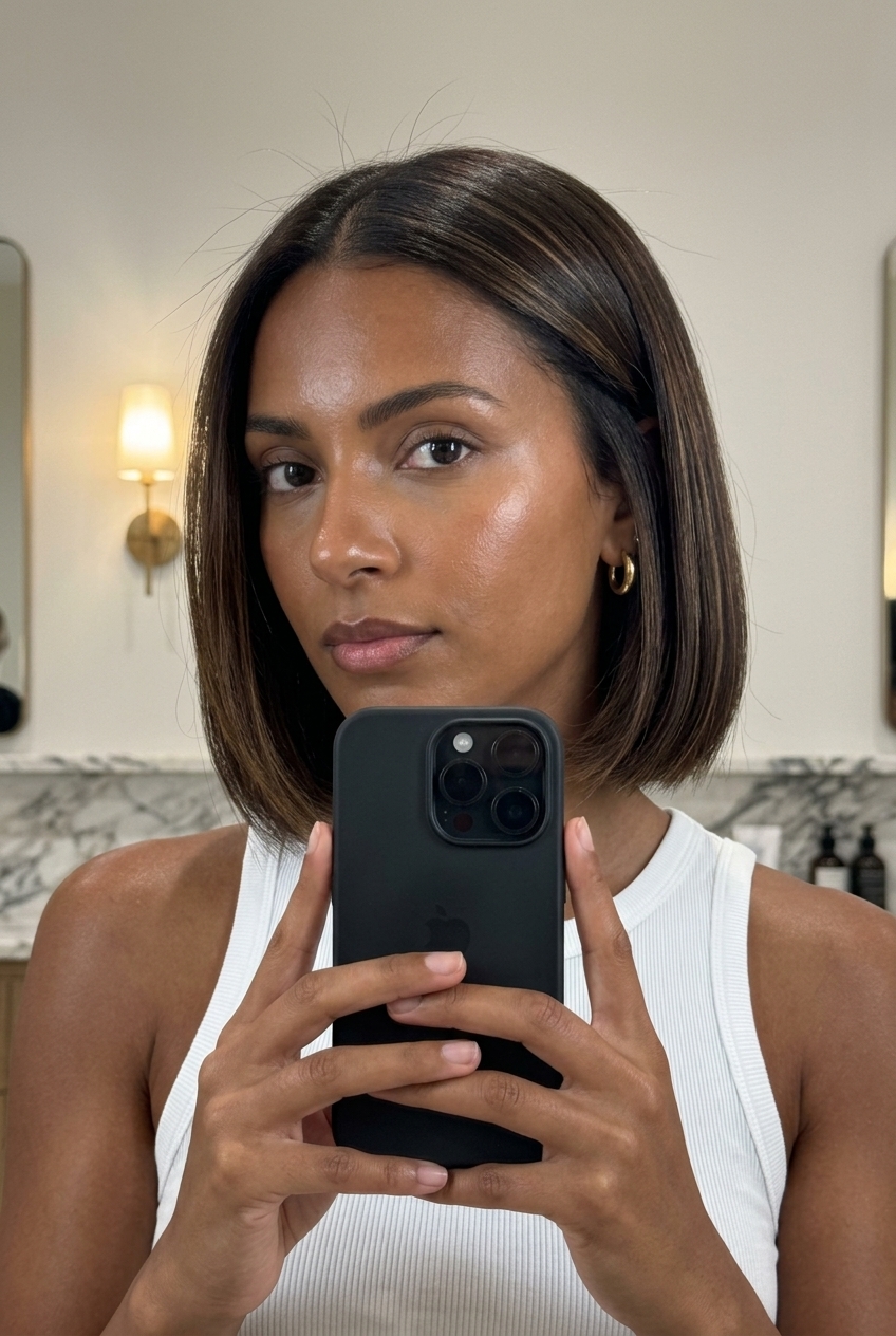 chin-length dark molasses bob with subtle honey babylights, blunt cut, no bangs — sophisticated minimalist