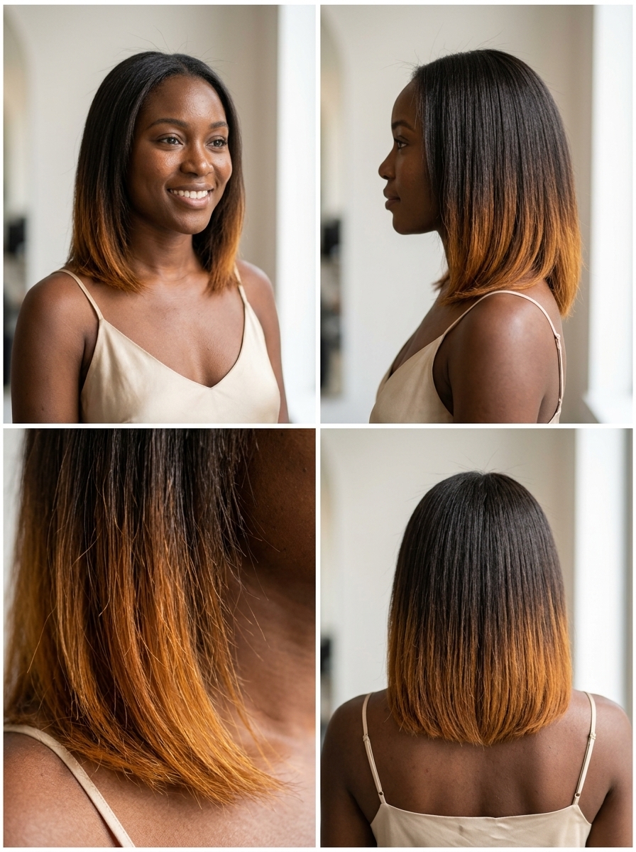 long honey-dipped midi cut with wildflower amber honey ends, soft layers, no bangs — soft modern luxury