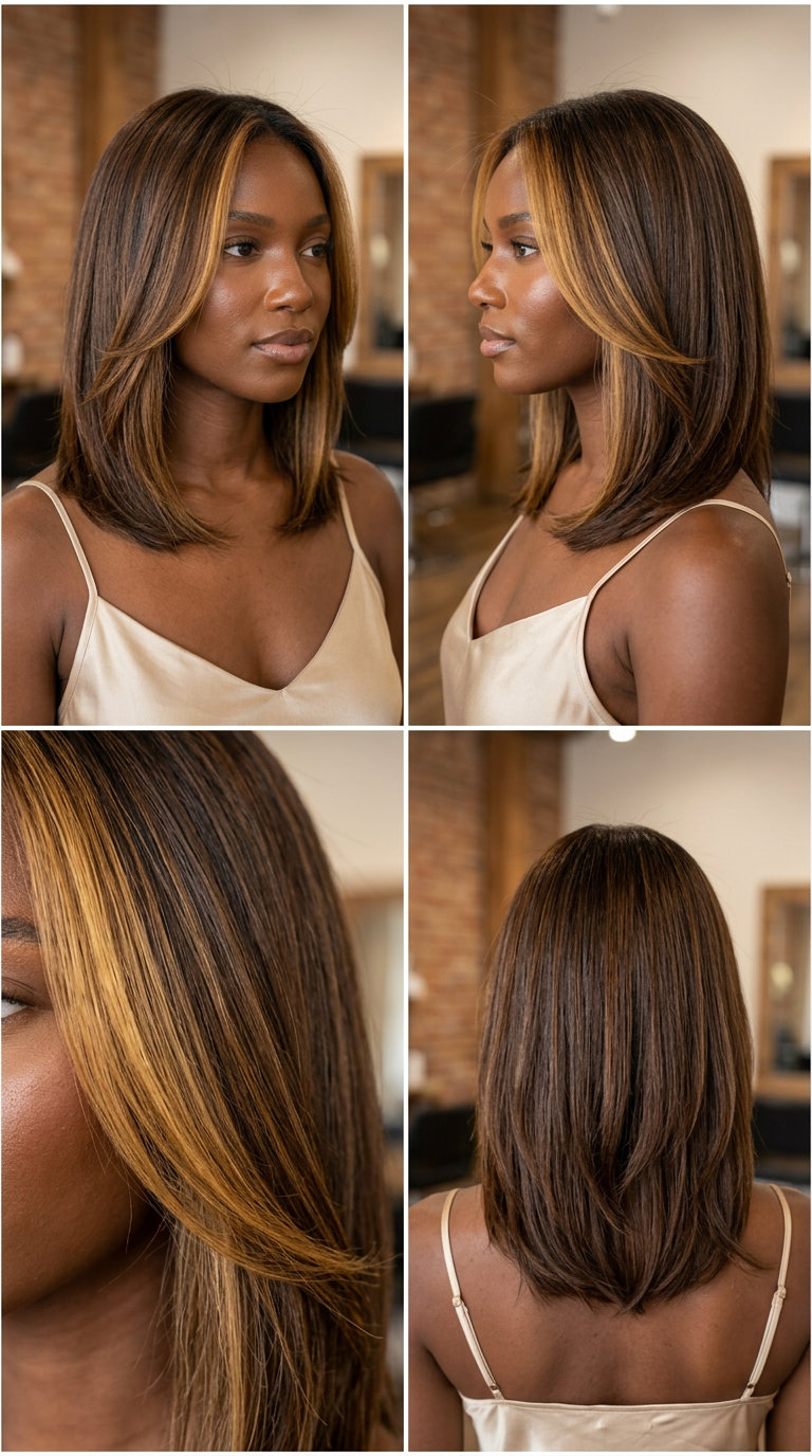 shoulder-length dark molasses honey brown with raw honey money piece, face-framing layers — bold modern glam