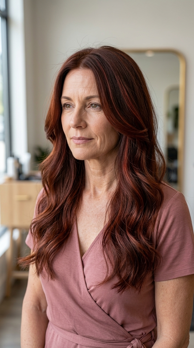 long layered haircut with deep auburn and warm red undertones, butterfly layers, V-cut back — romantic garden party