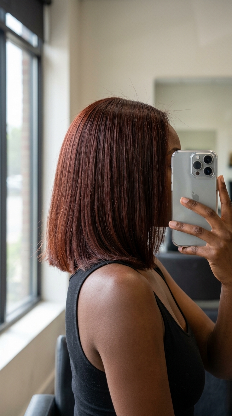 shoulder-length deep auburn red with warm brown undertones, all-over color, blunt ends — sophisticated classic style