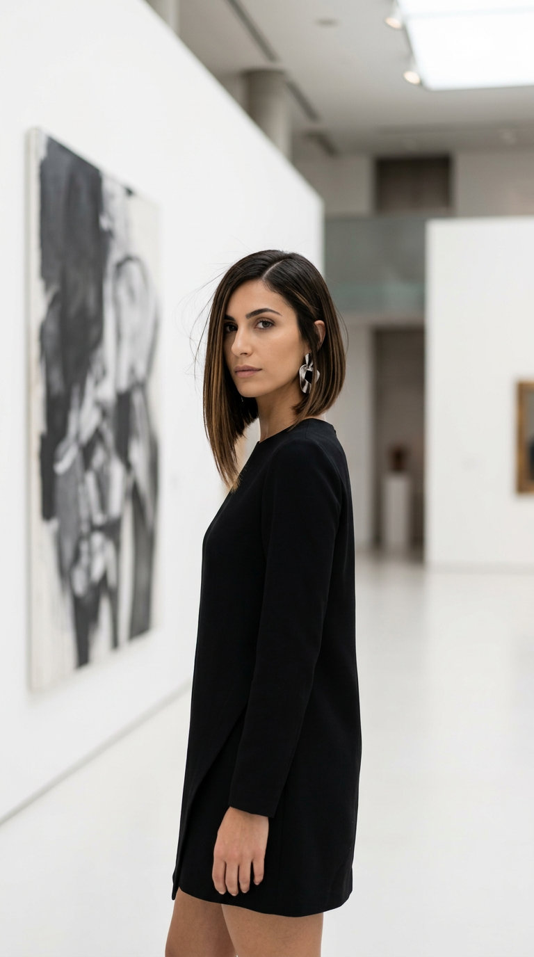 asymmetrical bob haircut with deep brown, caramel babylights, and sharp blunt ends for summer