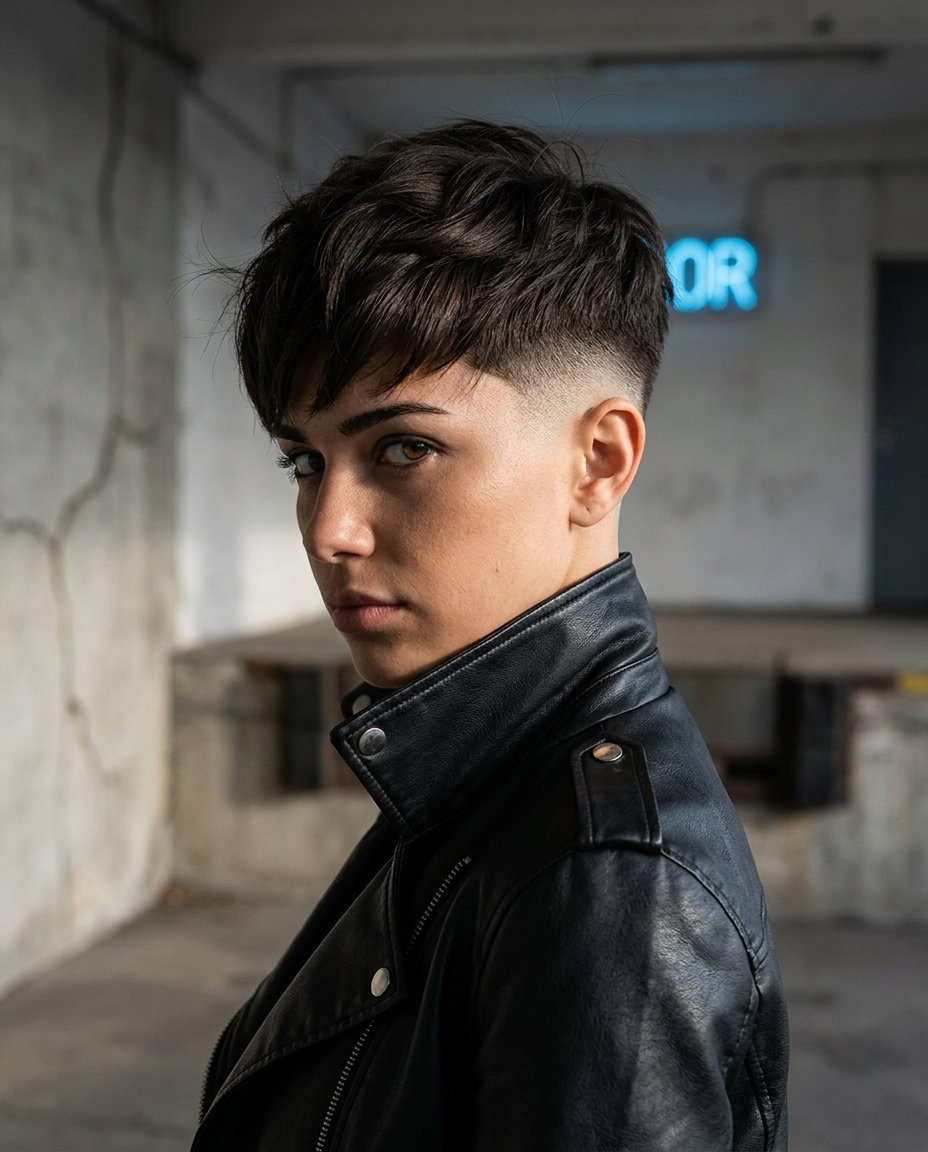 short haircut with tapered fade in deep brown/black, choppy top layers, side-swept fringe — edgy confident style