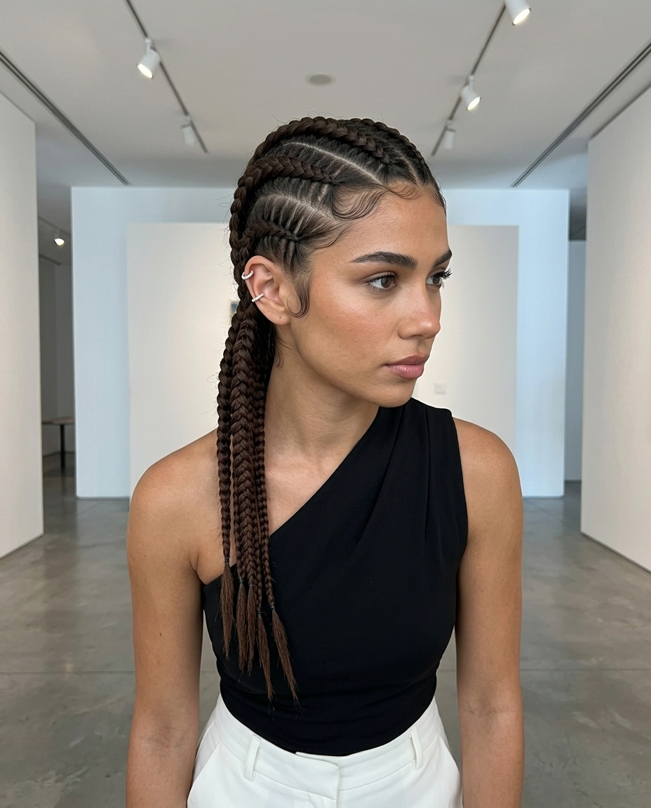 short stitch braids in deep brown with sculpted geometric patterns for sophisticated event