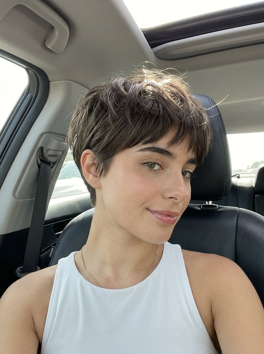 short textured crop haircut with deep natural brown color, choppy layers, tapered sides, piecey fringe — playful modern summer