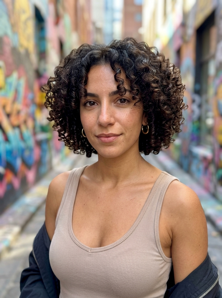 Textured Curly French Bob 2026 short french bob with natural deep brunette, auburn undertones, glossy black and graduated layers for bold mood