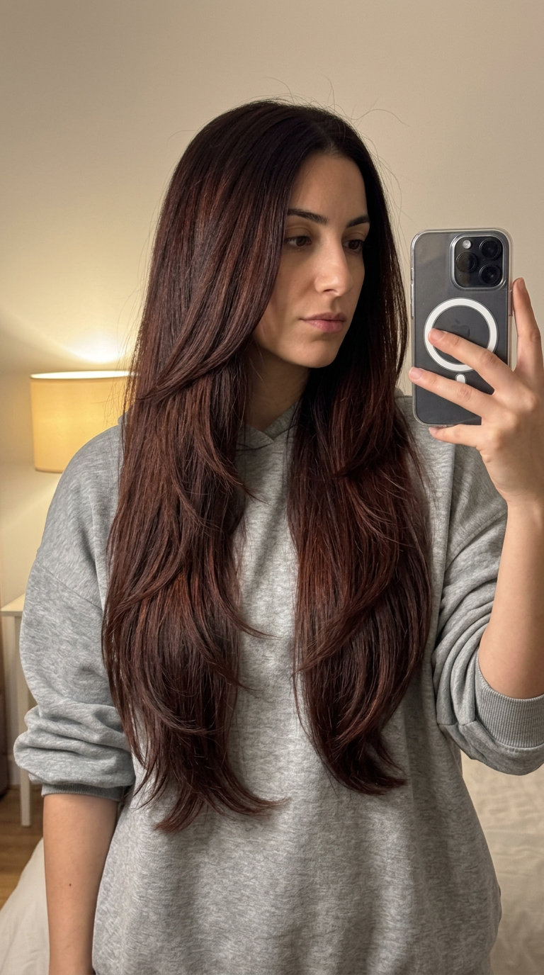 long hair with deep brunette rich auburn mahogany undertones, sweeping elongated layers — bold romantic sophisticated