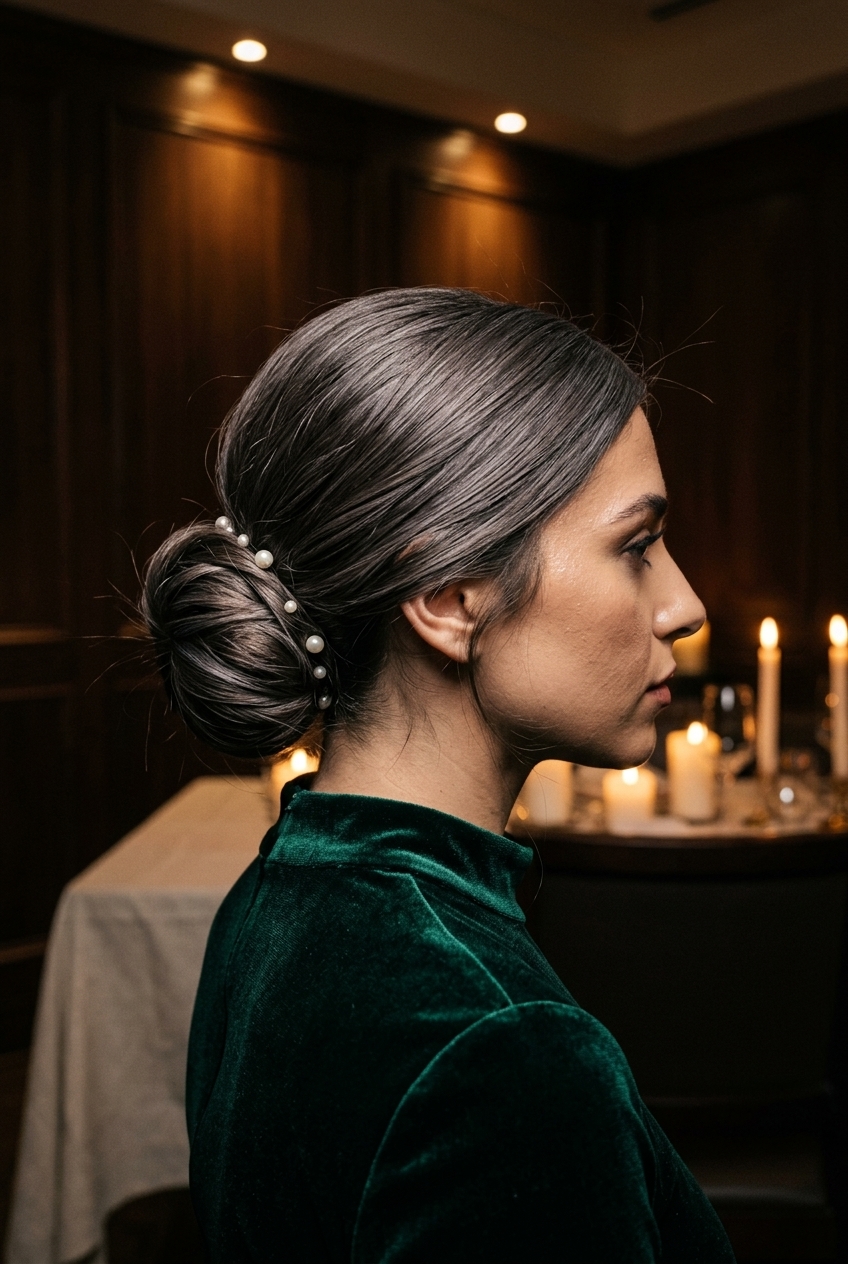 Elegant Pearl Chignon 2026 long deep cool brunette chignon with pearl accents and silver reflects for a gala