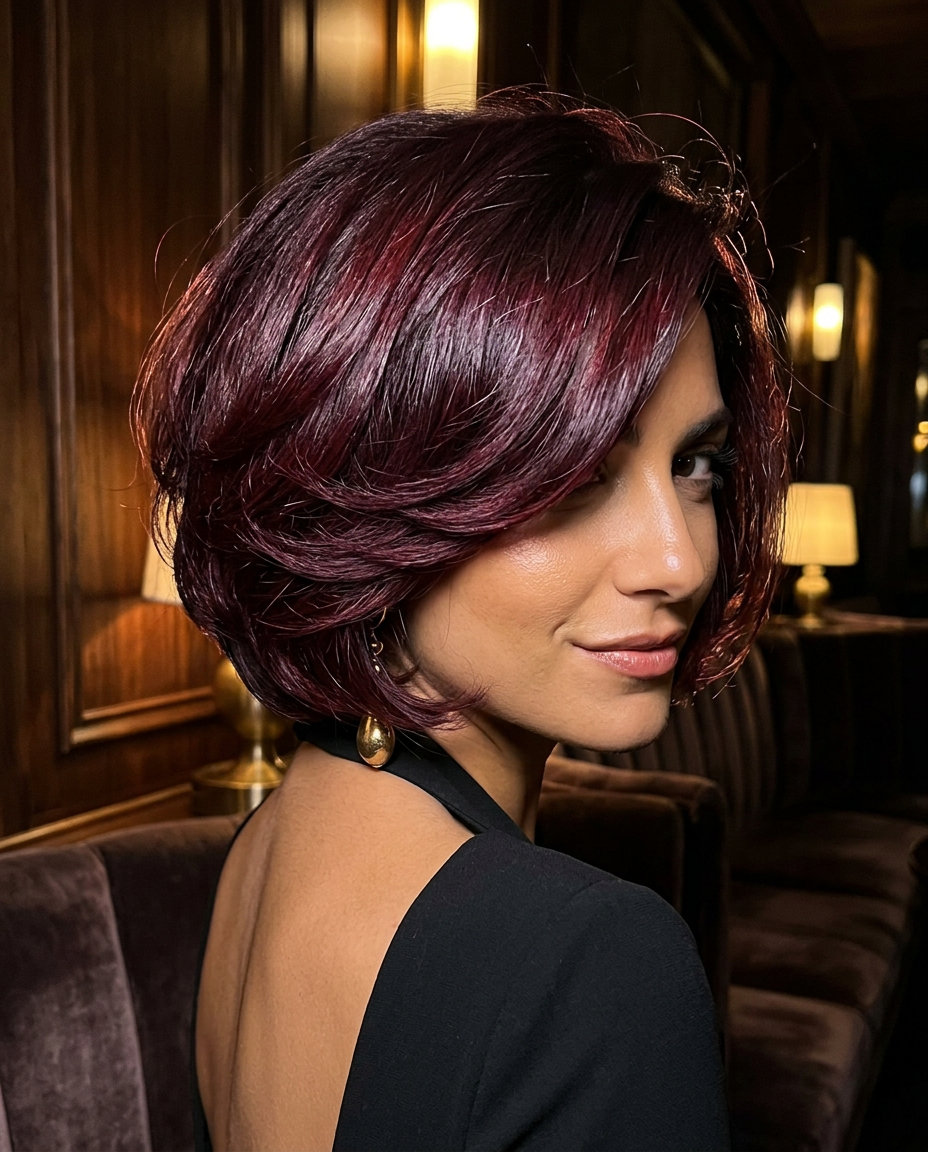 short layered bob deep cherry cola red with violet-red reflections and deep side part for glamorous events