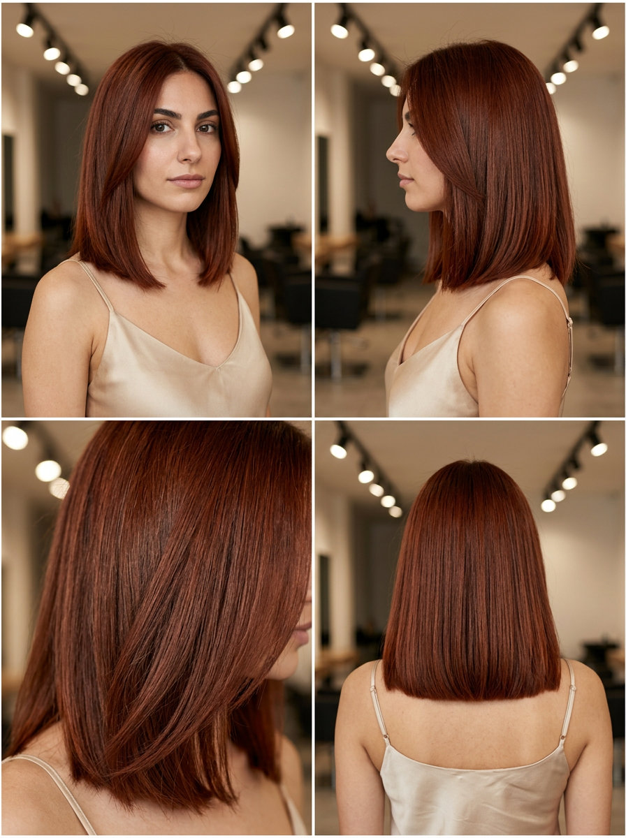 collarbone length blunt lob with deep cinnamon auburn and chestnut undertones for professional look