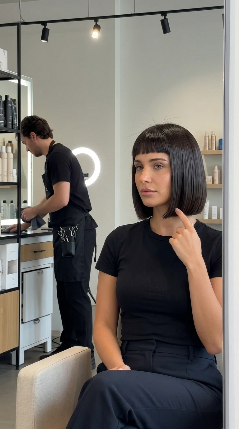 Edgy Micro-Fringe French Bob 2026 short french bob with deep cool brunette, micro-fringe and sharp perimeter for artistic mood