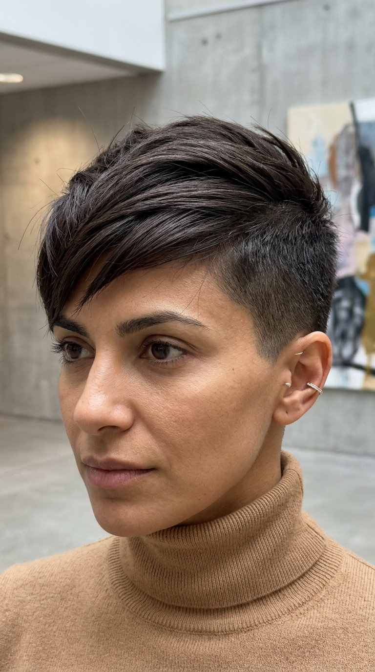 short undercut crop deep cool cocoa brunette with ash reflects and side-swept fringe for sophisticated style