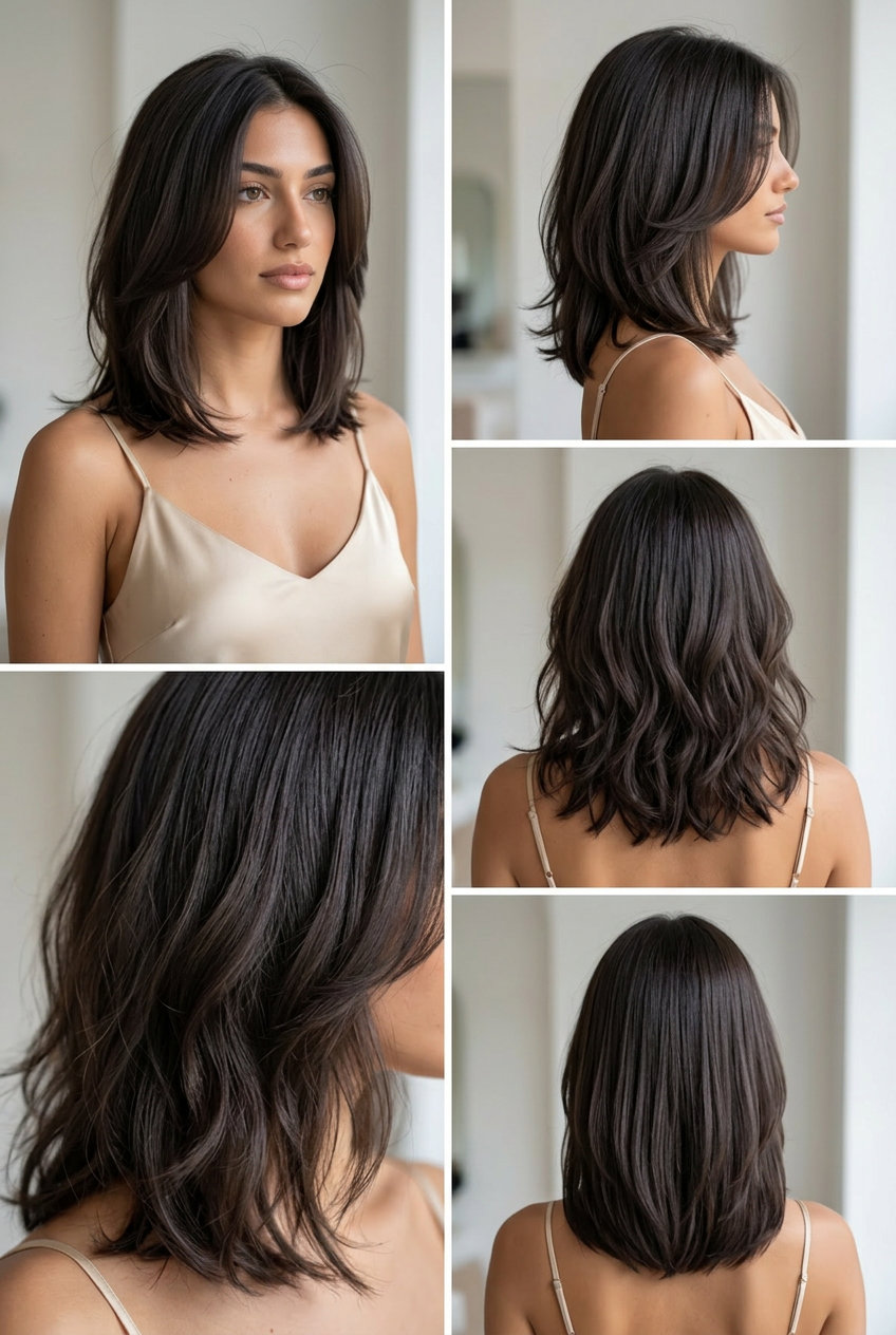 collarbone-length lob haircut with deep espresso color, graduated layers, face-framing layers — versatile modern minimal summer