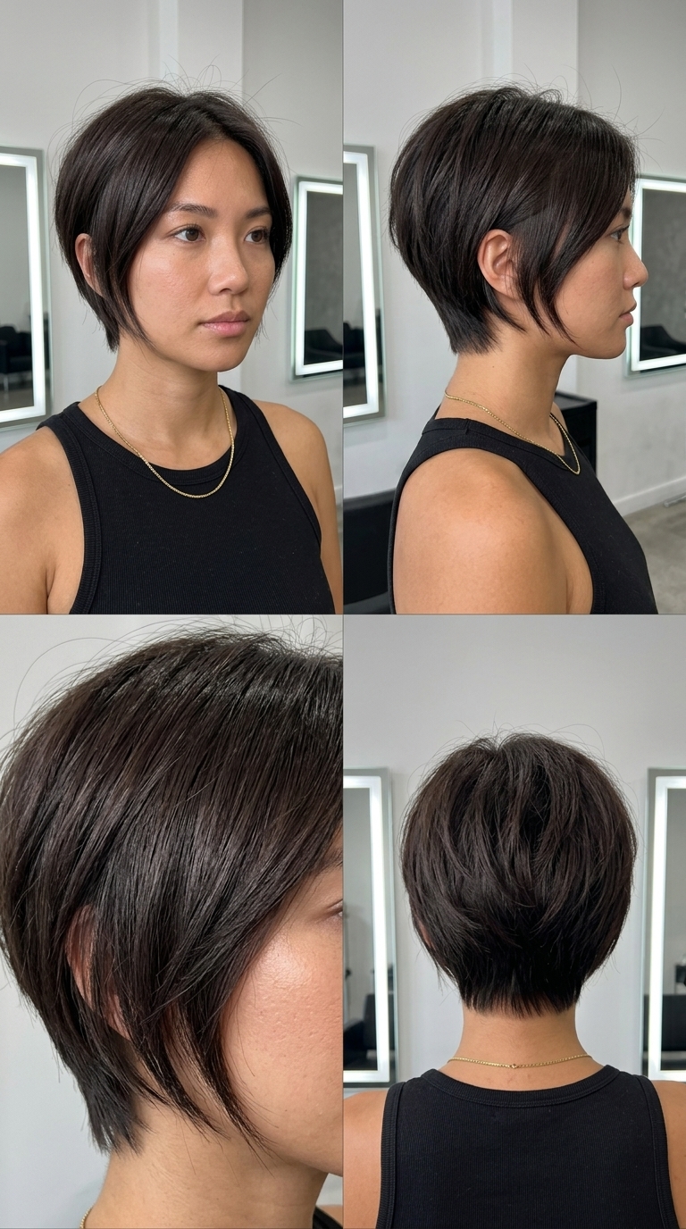 short textured crop haircut in deep espresso brunette with high-gloss finish for summer 2026